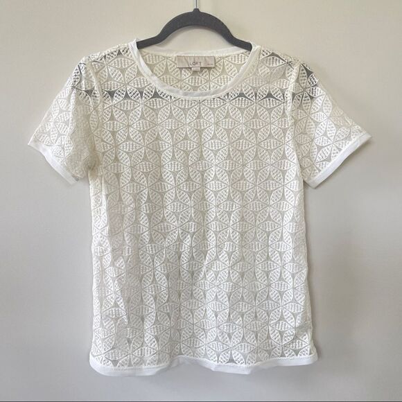 Ann Taylor Loft Women's Petite Medium Ivory Short Sleeve Sheer Embroidered Top S - Picture 6 of 12